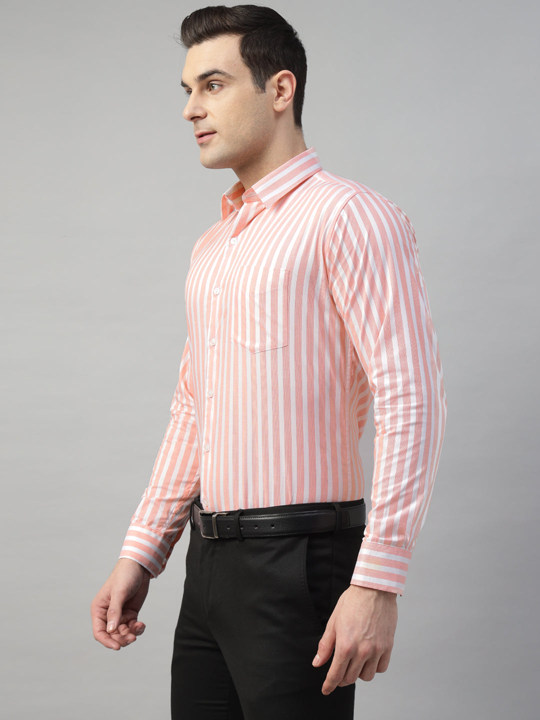 Hancock Men Orange Stripe Pure Cotton Slim Fit Formal Shirt