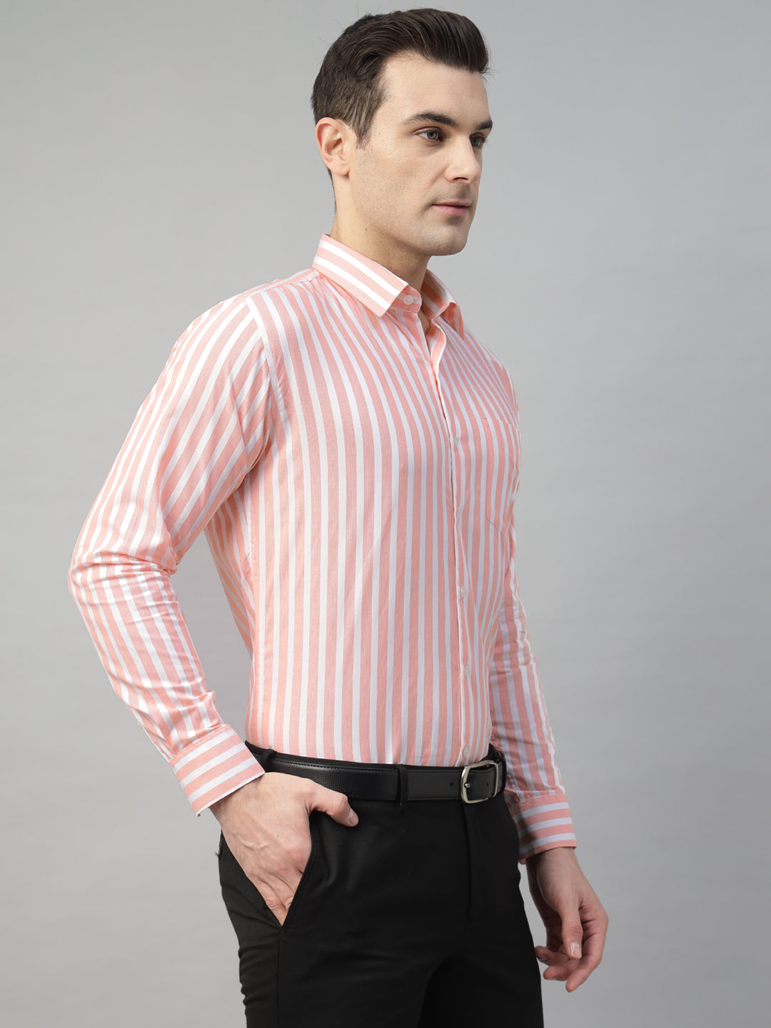 Hancock Men Orange Stripe Pure Cotton Slim Fit Formal Shirt