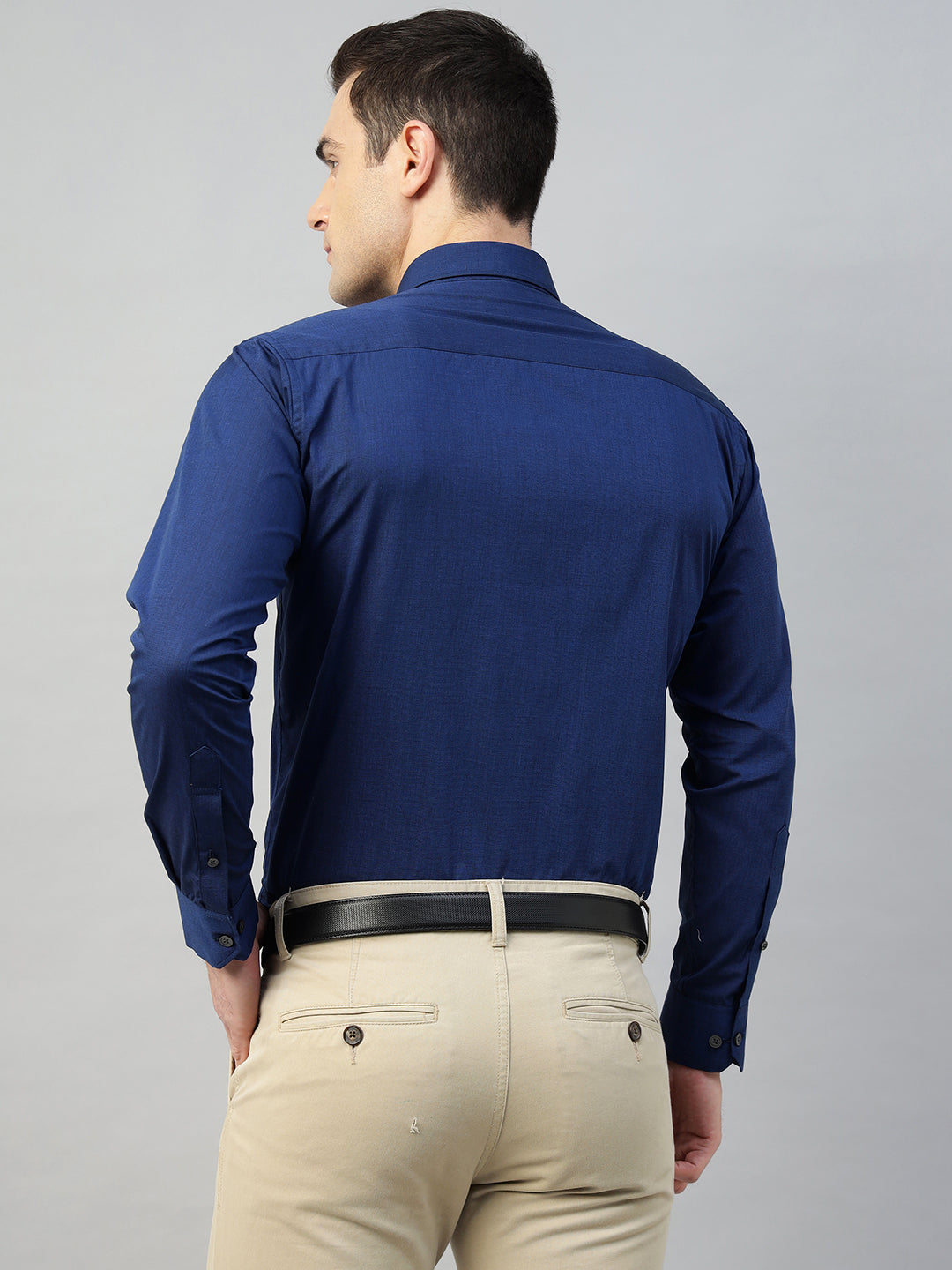 Hancock Men Navy Blue Solid Pure Cotton Slim Fit Formal Shirt