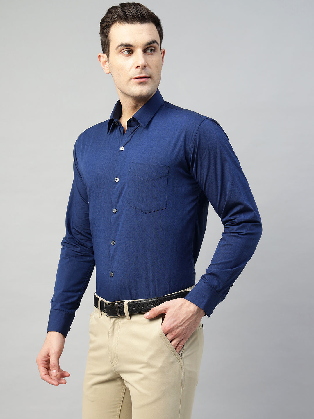 Hancock Men Navy Blue Solid Pure Cotton Slim Fit Formal Shirt