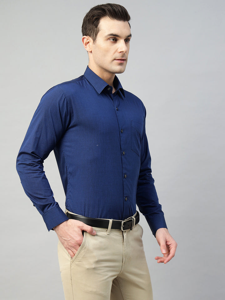 Hancock Men Navy Blue Solid Pure Cotton Slim Fit Formal Shirt
