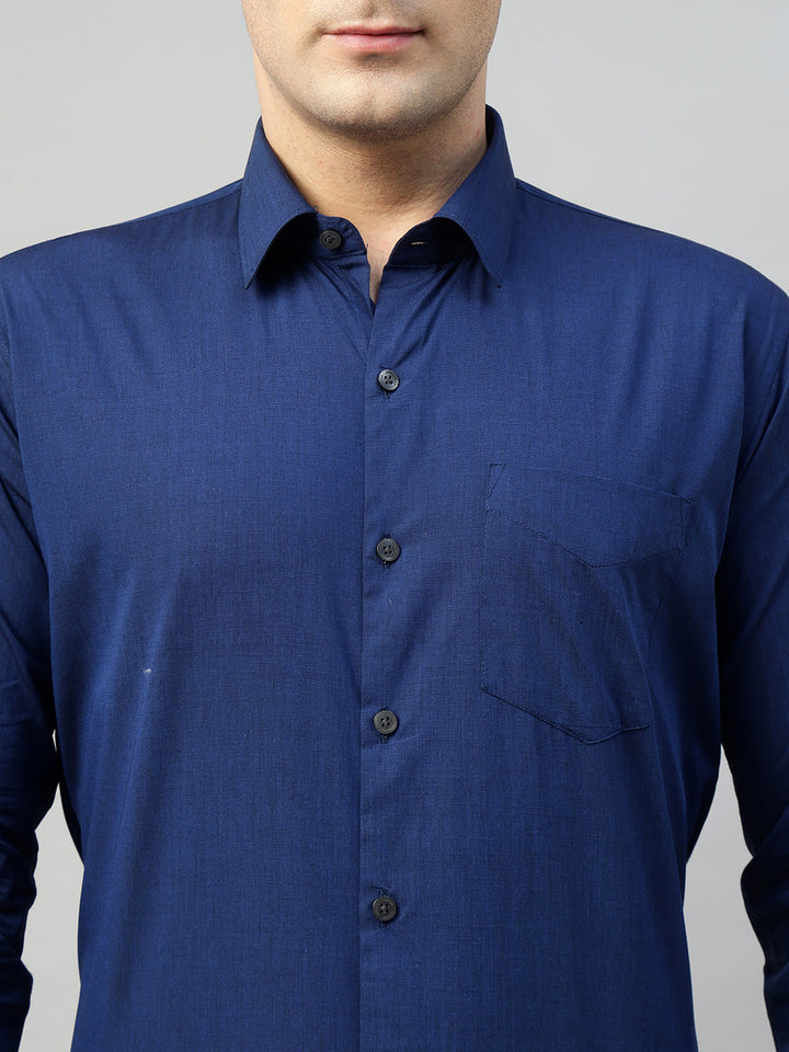 Hancock Men Navy Blue Solid Pure Cotton Slim Fit Formal Shirt