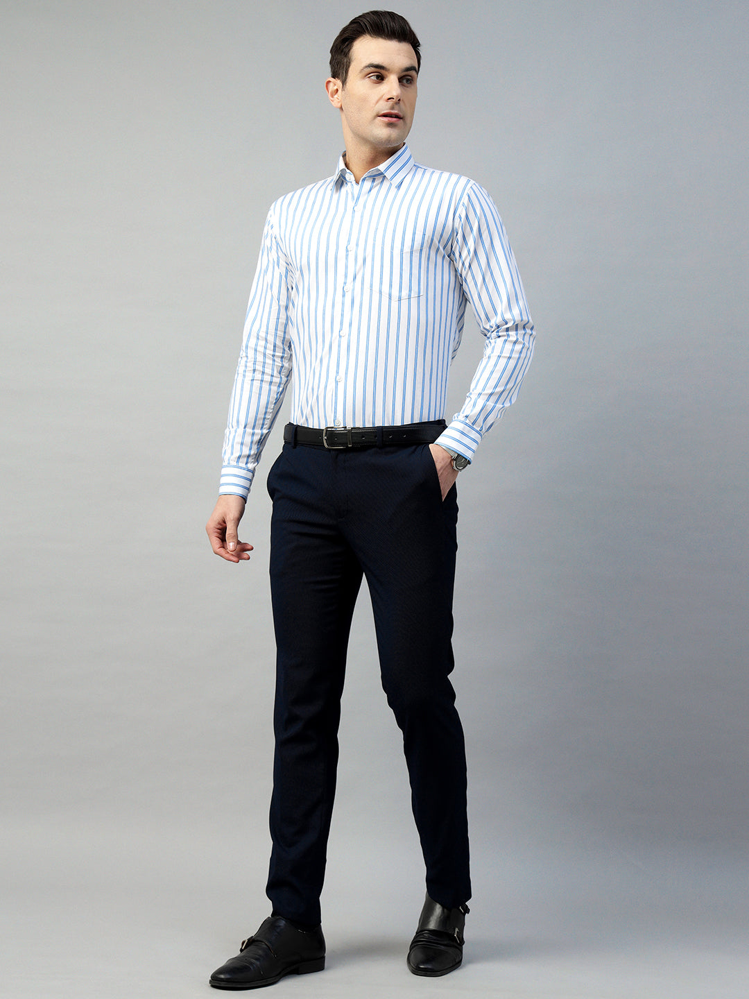 Hancock Men White Stripe Pure Cotton Slim Fit Formal Shirt