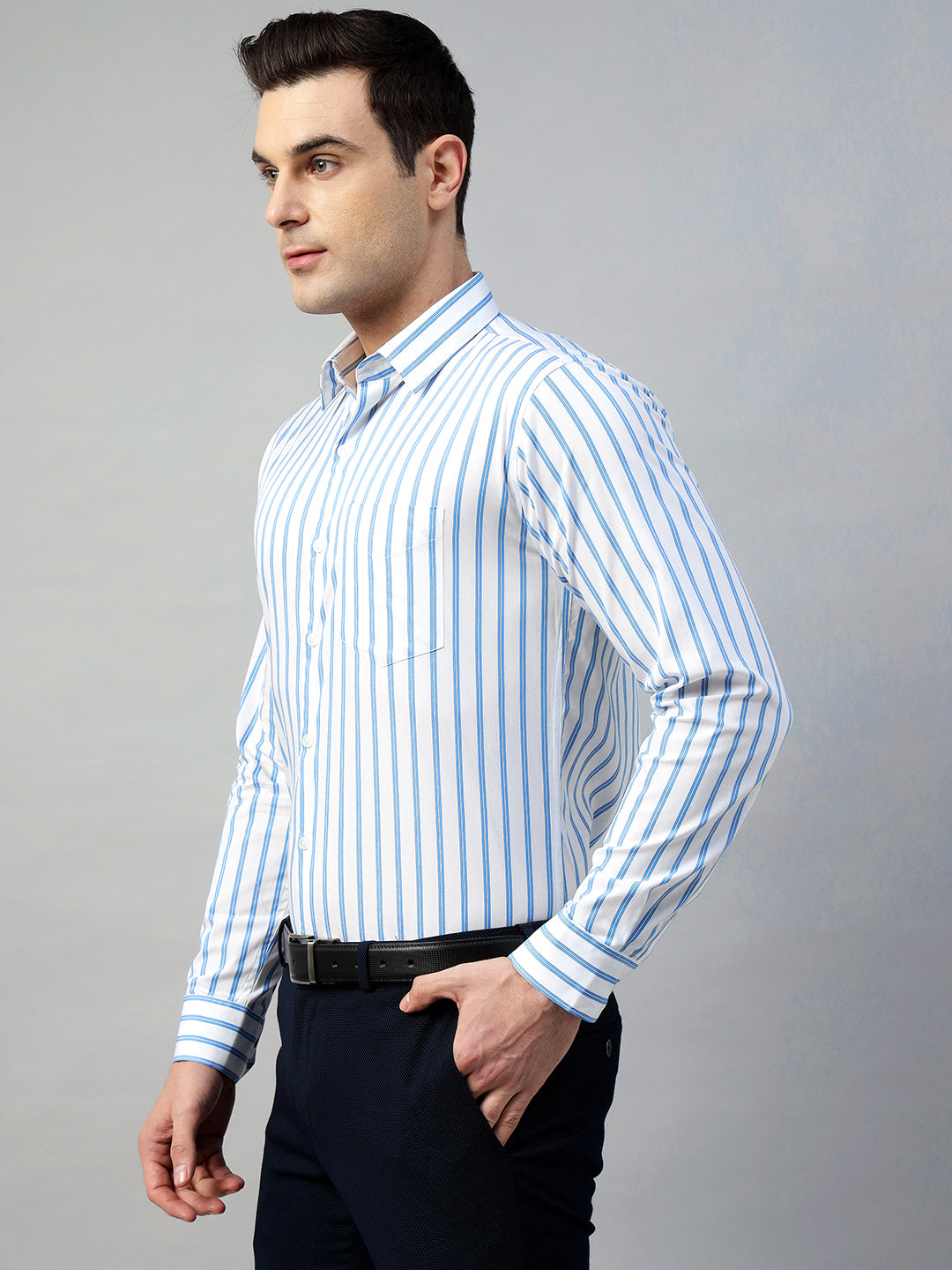 Hancock Men White Stripe Pure Cotton Slim Fit Formal Shirt