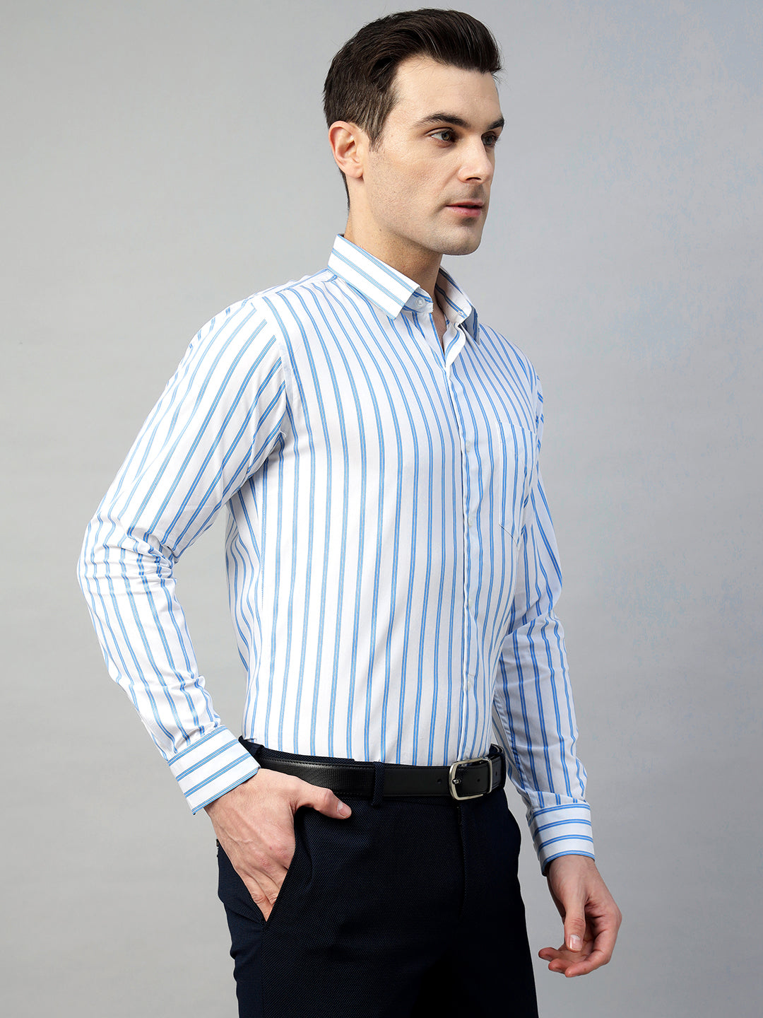 Hancock Men White Stripe Pure Cotton Slim Fit Formal Shirt
