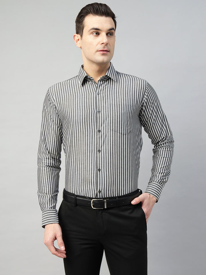 Hancock Men Grey & White Stripe Pure Cotton Slim Fit Formal Shirt