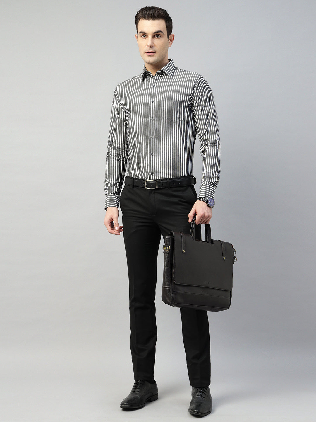 Hancock Men Grey & White Stripe Pure Cotton Slim Fit Formal Shirt