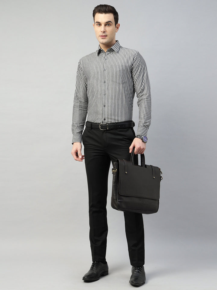 Hancock Men Grey & White Stripe Pure Cotton Slim Fit Formal Shirt