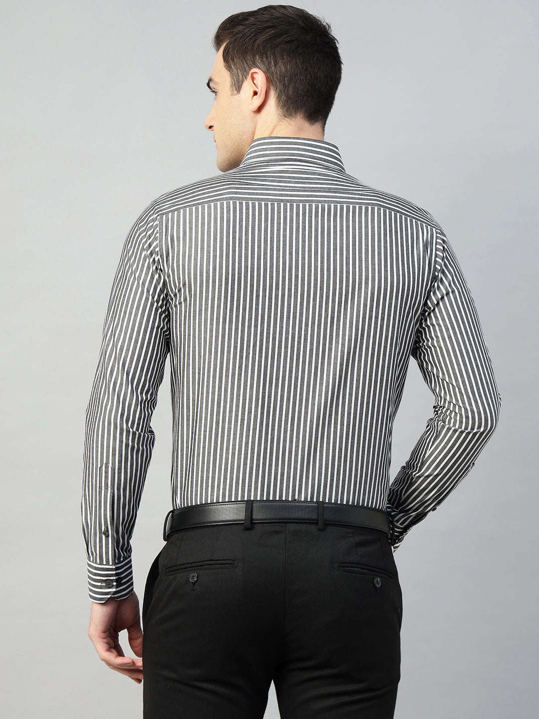 Hancock Men Grey & White Stripe Pure Cotton Slim Fit Formal Shirt