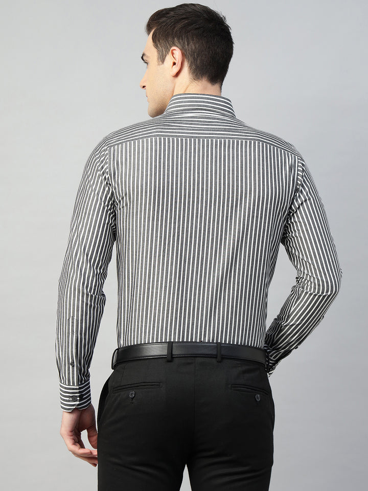 Hancock Men Grey & White Stripe Pure Cotton Slim Fit Formal Shirt