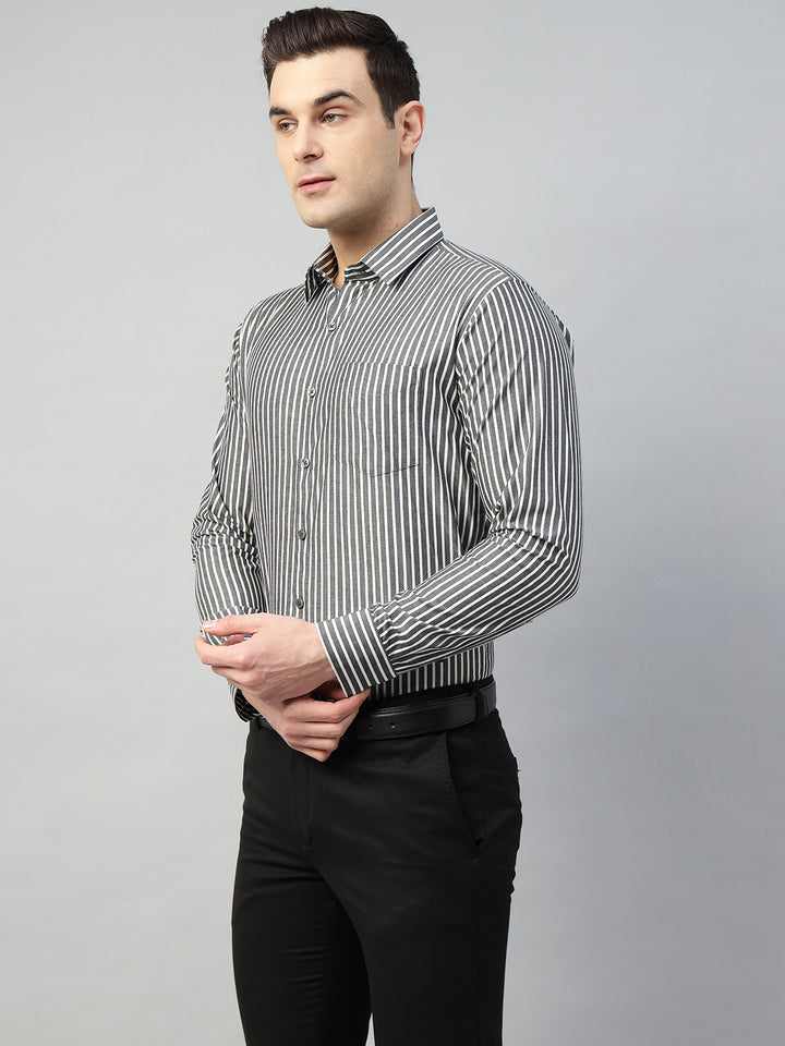 Hancock Men Grey & White Stripe Pure Cotton Slim Fit Formal Shirt
