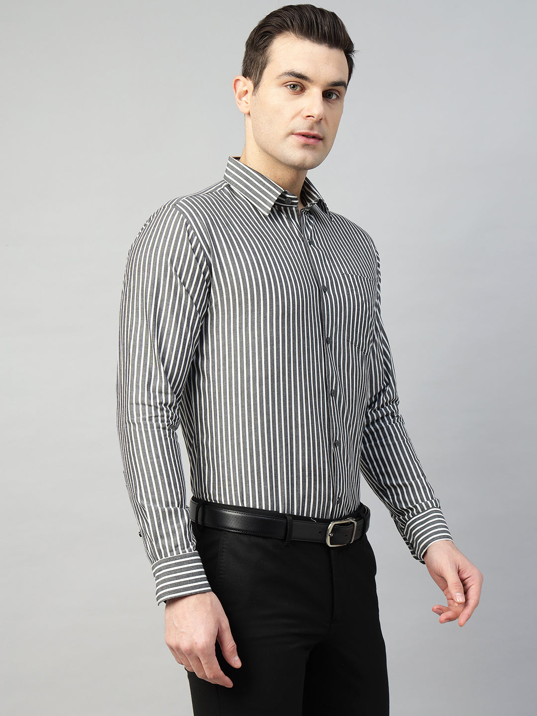 Hancock Men Grey & White Stripe Pure Cotton Slim Fit Formal Shirt