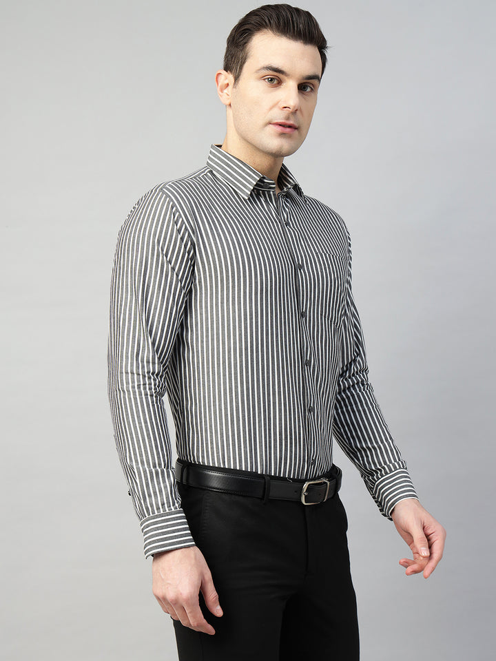 Hancock Men Grey & White Stripe Pure Cotton Slim Fit Formal Shirt