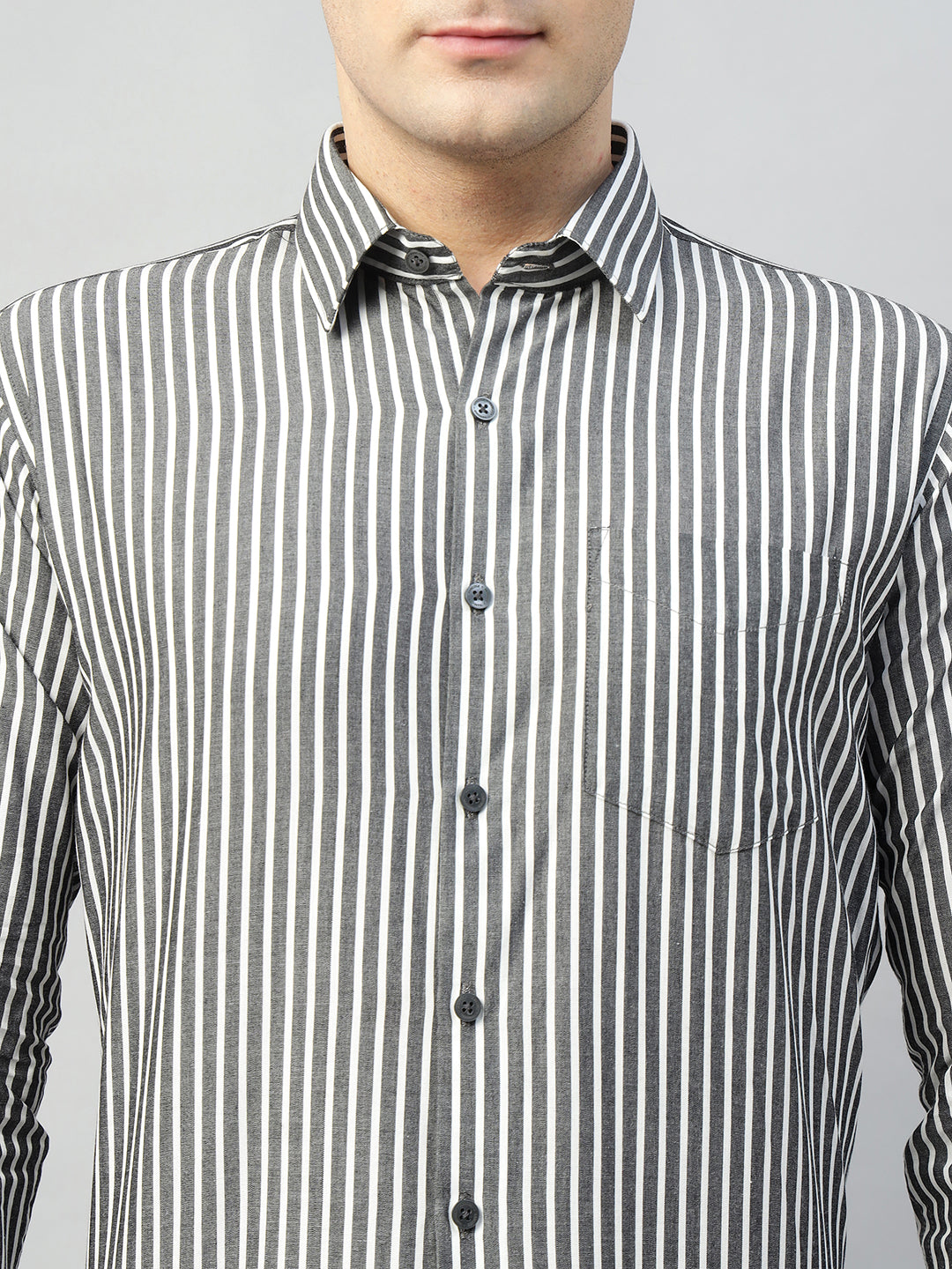 Hancock Men Grey & White Stripe Pure Cotton Slim Fit Formal Shirt