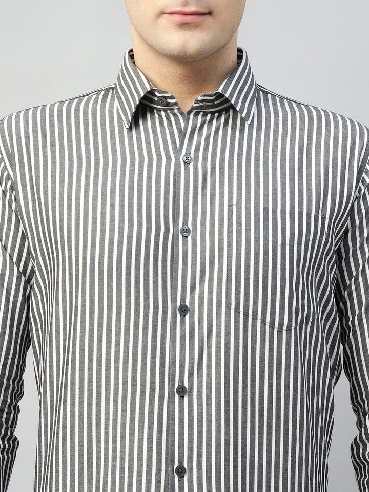 Hancock Men Grey & White Stripe Pure Cotton Slim Fit Formal Shirt