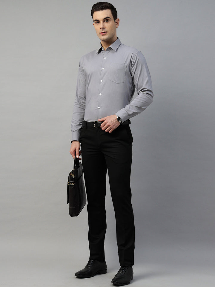Hancock Men Grey Solid Cotton Elastene Slim Fit Formal Shirt