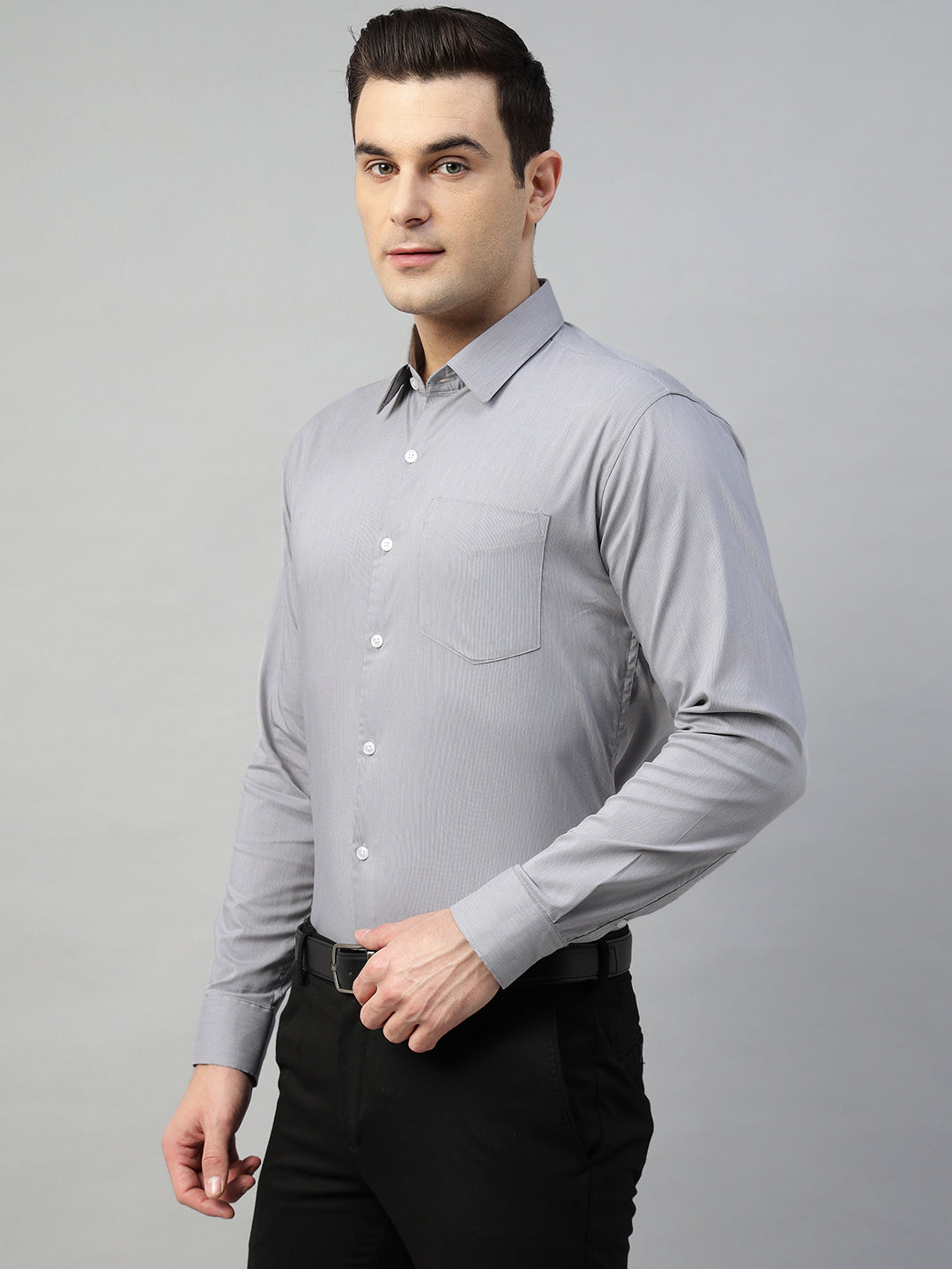 Hancock Men Grey Solid Cotton Elastene Slim Fit Formal Shirt