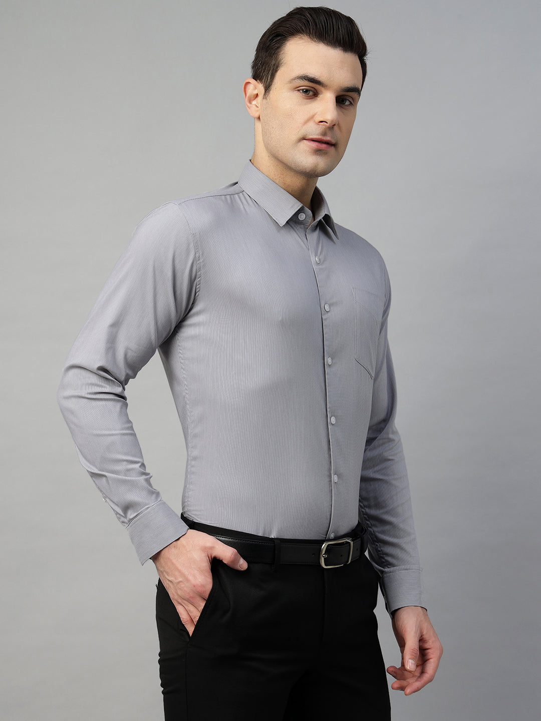 Hancock Men Grey Solid Cotton Elastene Slim Fit Formal Shirt