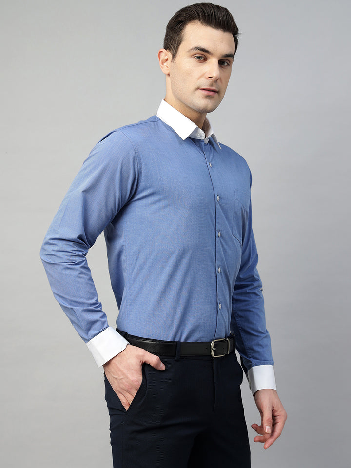 Hancock Men Blue Solid Pure Cotton Slim Fit Formal Shirt