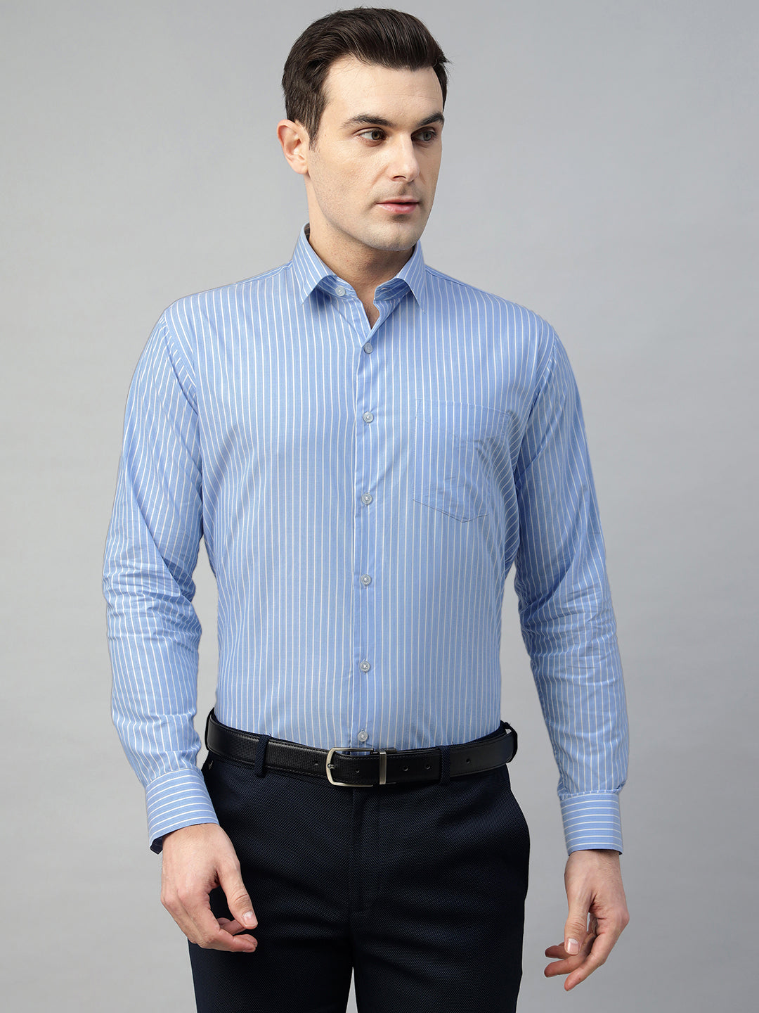 Hancock Men Blue Stripe Pure Cotton Slim Fit Formal Shirt