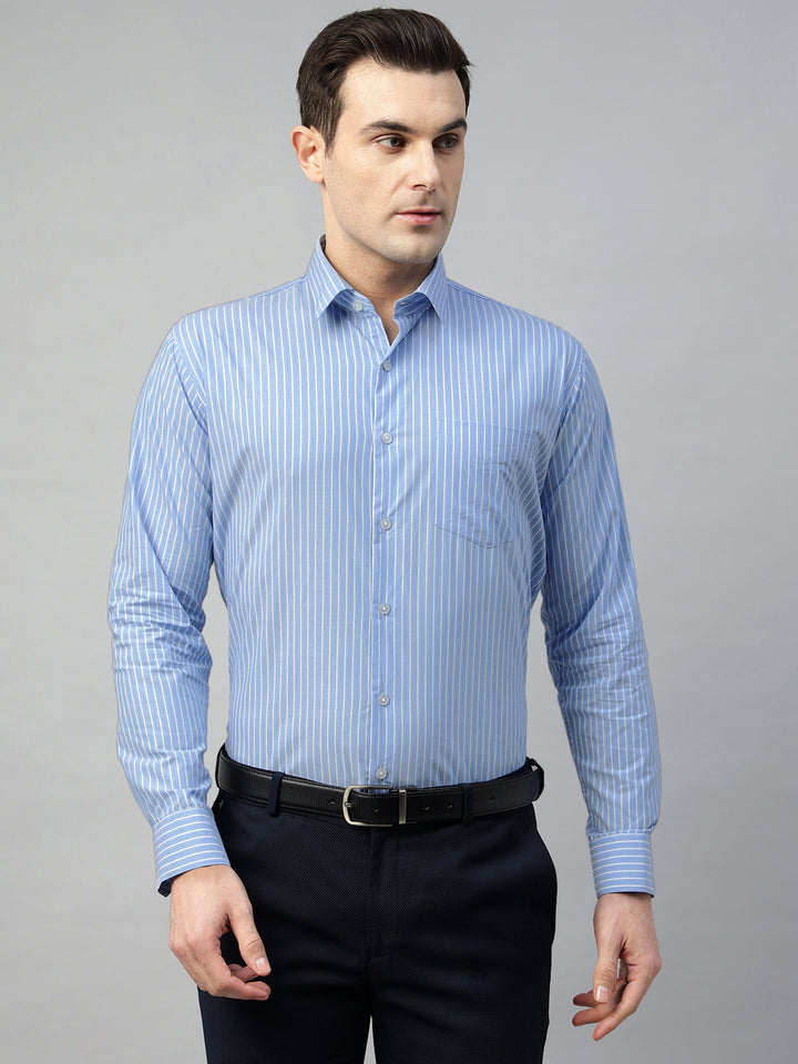 Hancock Men Blue Stripe Pure Cotton Slim Fit Formal Shirt