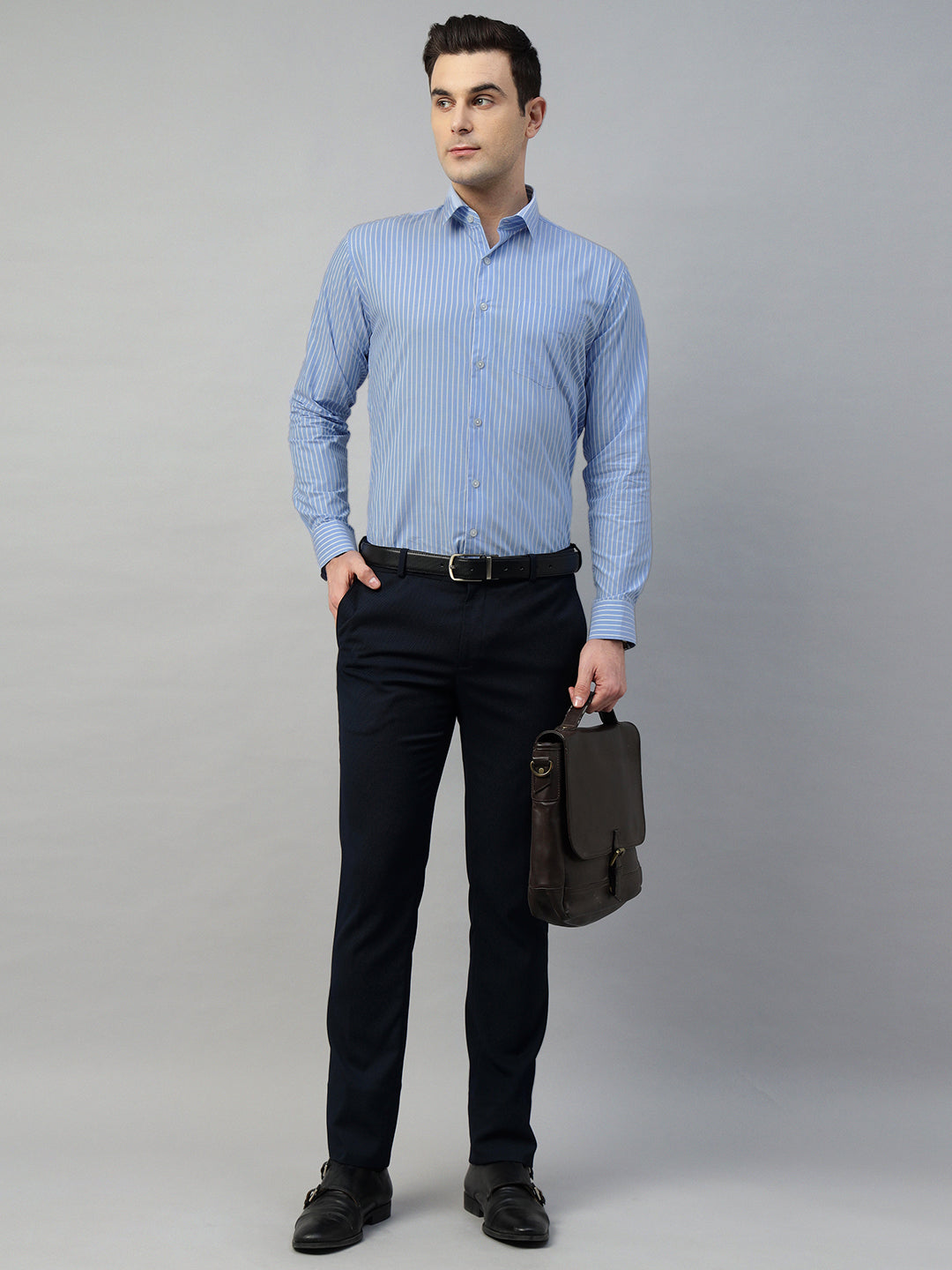 Hancock Men Blue Stripe Pure Cotton Slim Fit Formal Shirt