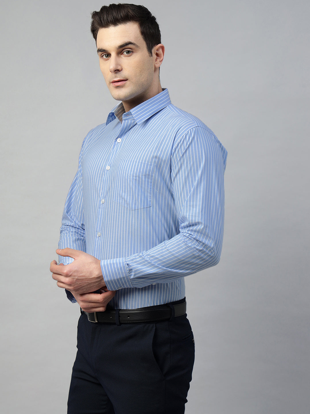 Hancock Men Blue Stripe Pure Cotton Slim Fit Formal Shirt