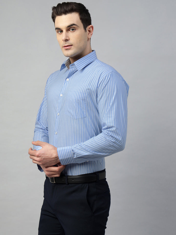 Hancock Men Blue Stripe Pure Cotton Slim Fit Formal Shirt