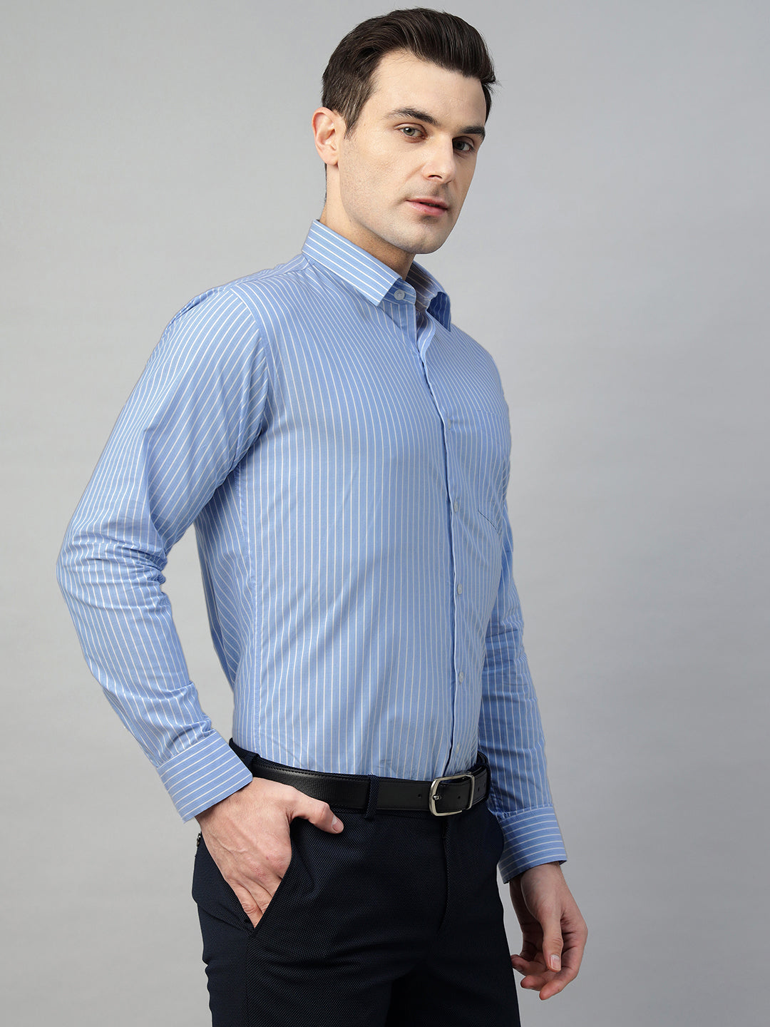 Hancock Men Blue Stripe Pure Cotton Slim Fit Formal Shirt