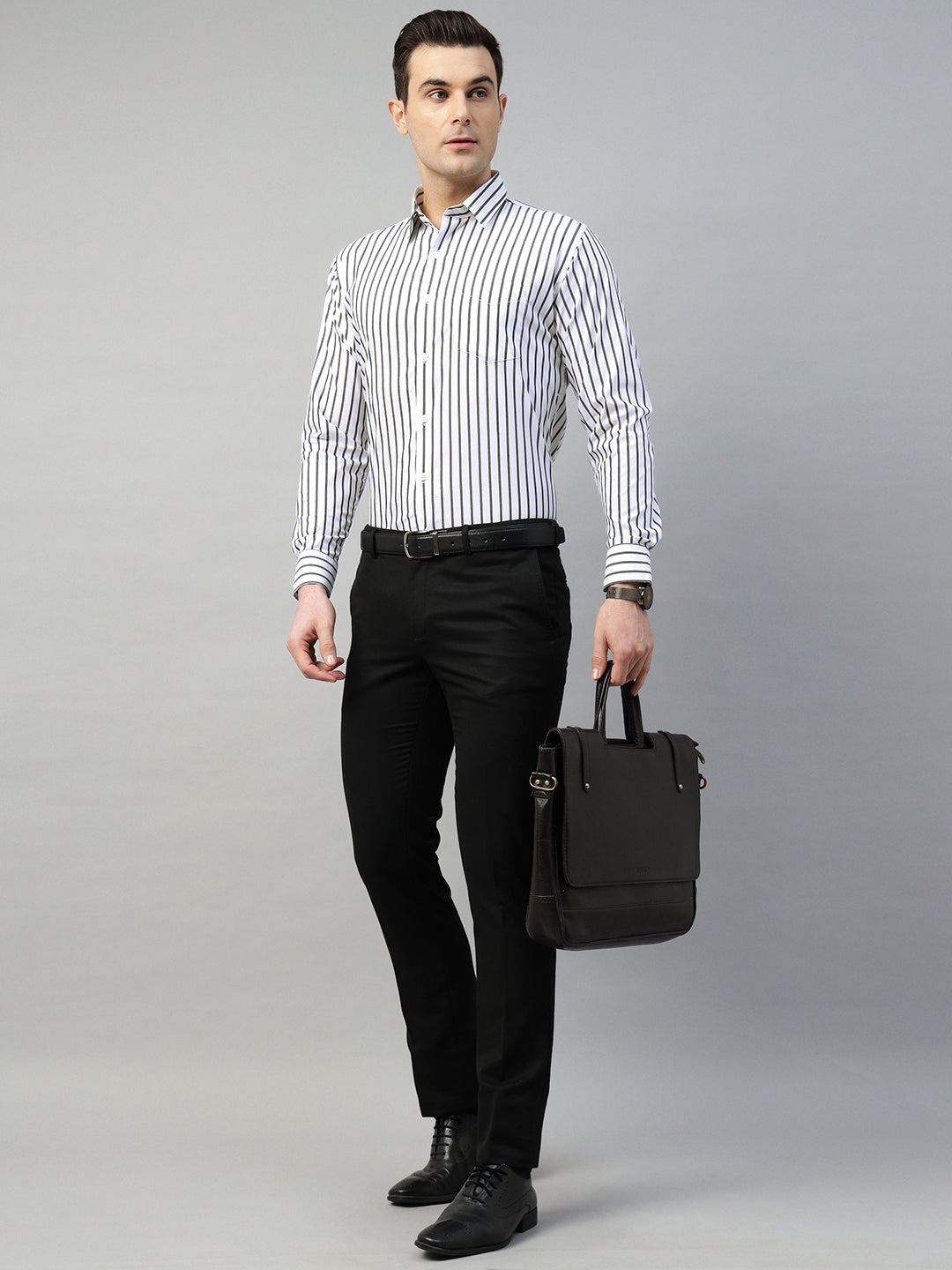 Hancock Men White & Black Stripe Polyester Slim Fit Formal Shirt