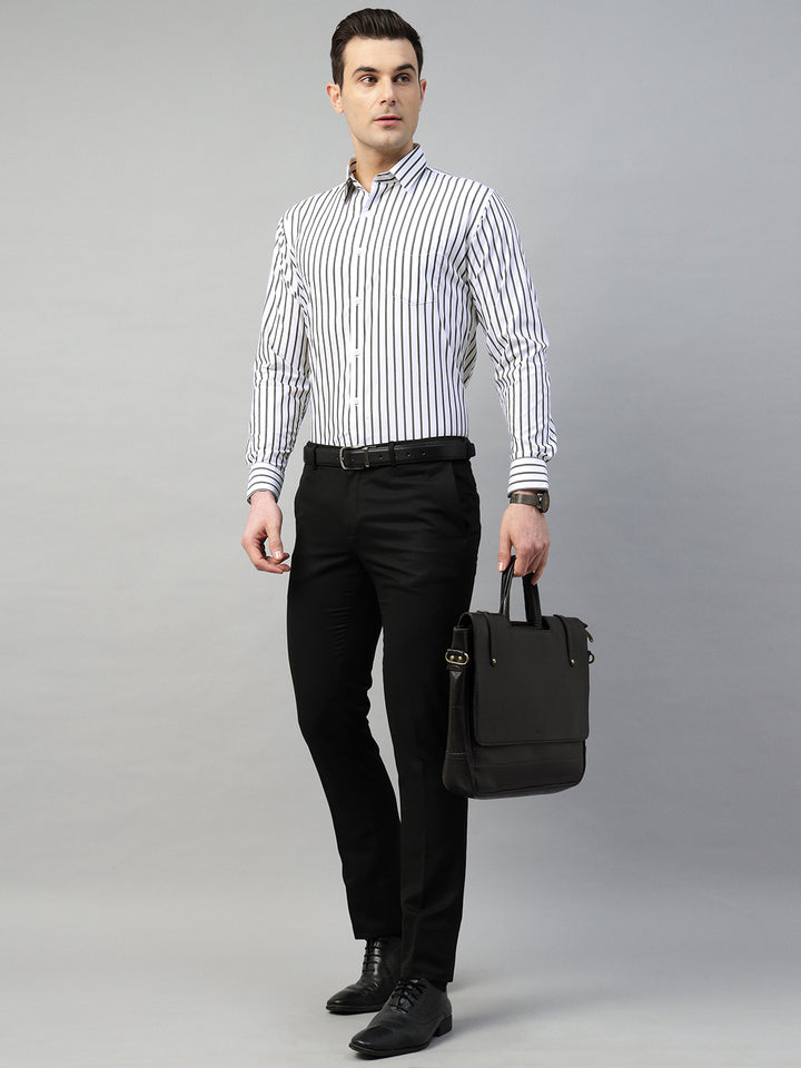 Hancock Men White & Black Stripe Polyester Slim Fit Formal Shirt