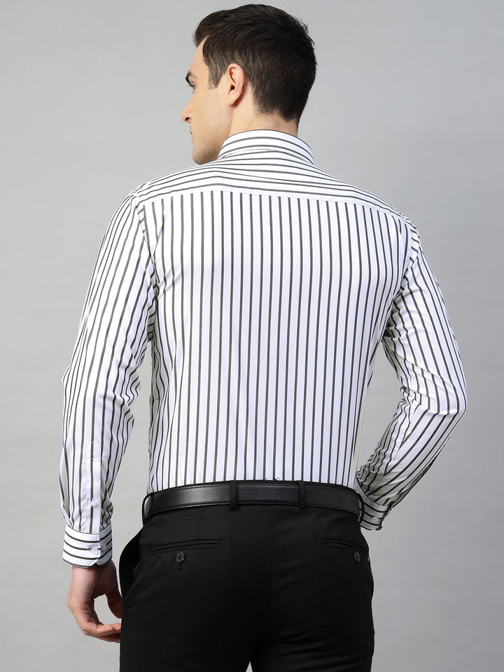 Hancock Men White & Black Stripe Polyester Slim Fit Formal Shirt