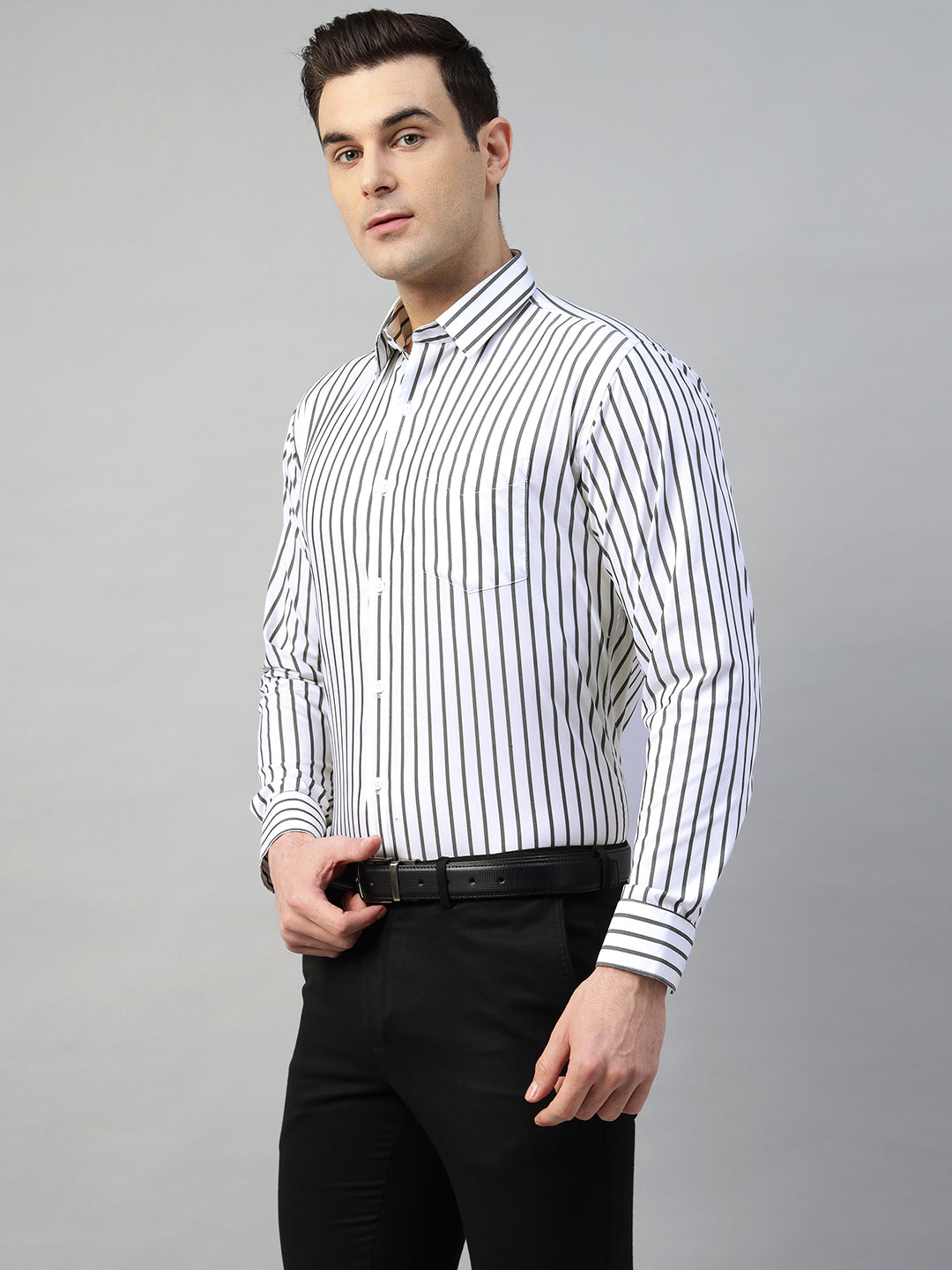 Hancock Men White & Black Stripe Polyester Slim Fit Formal Shirt