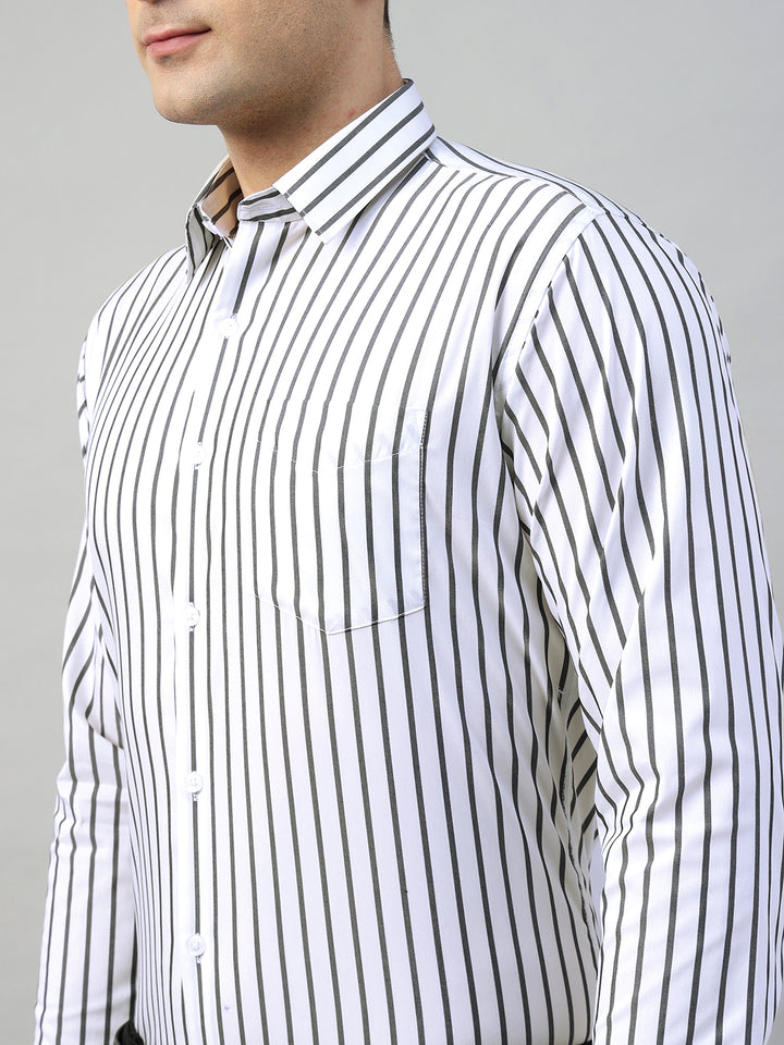 Hancock Men White & Black Stripe Polyester Slim Fit Formal Shirt