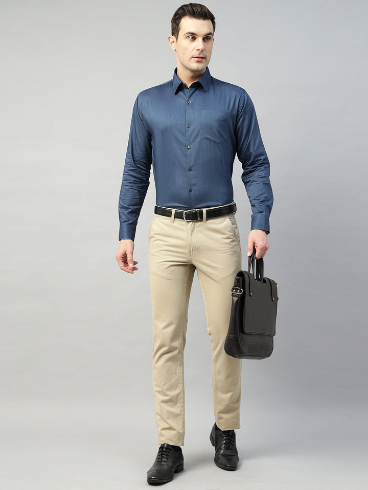 Hancock Men Navy Blue Solid Cotton Elastene Slim Fit Formal Shirt