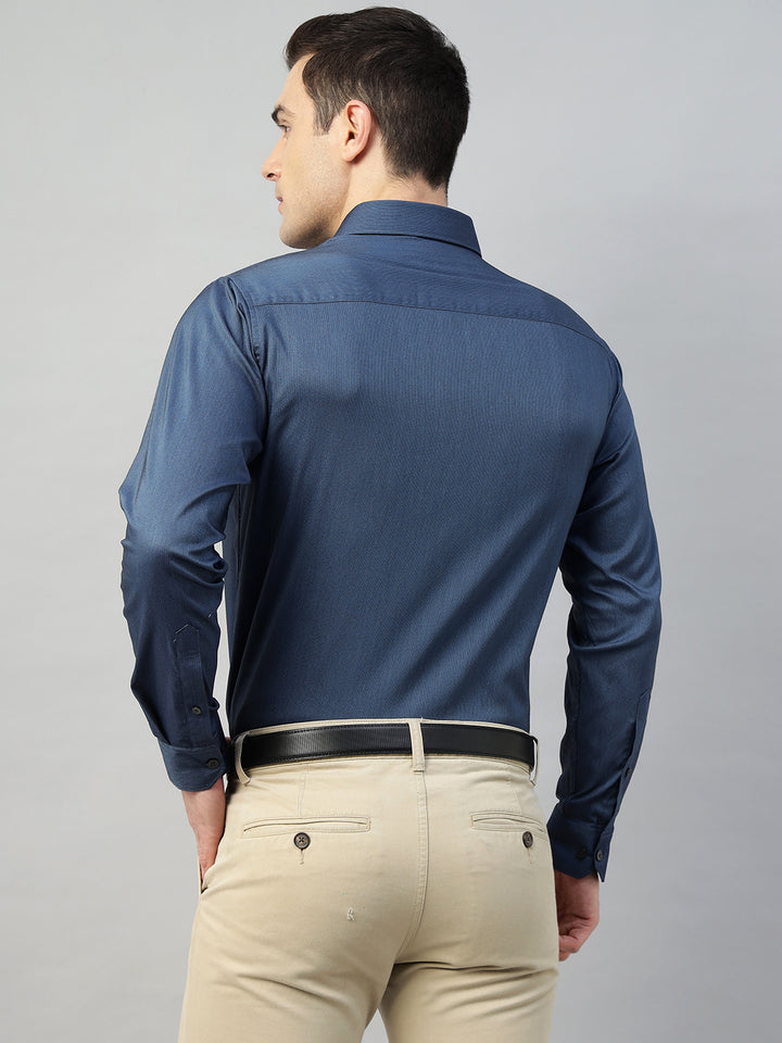 Hancock Men Navy Blue Solid Cotton Elastene Slim Fit Formal Shirt