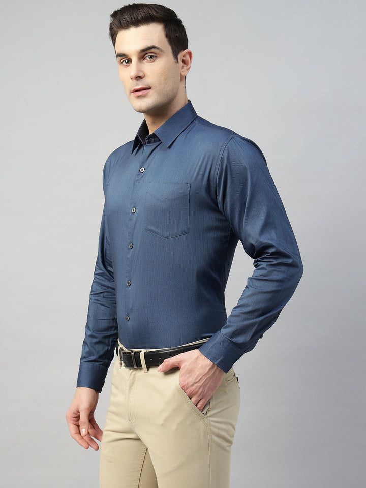 Hancock Men Navy Blue Solid Cotton Elastene Slim Fit Formal Shirt