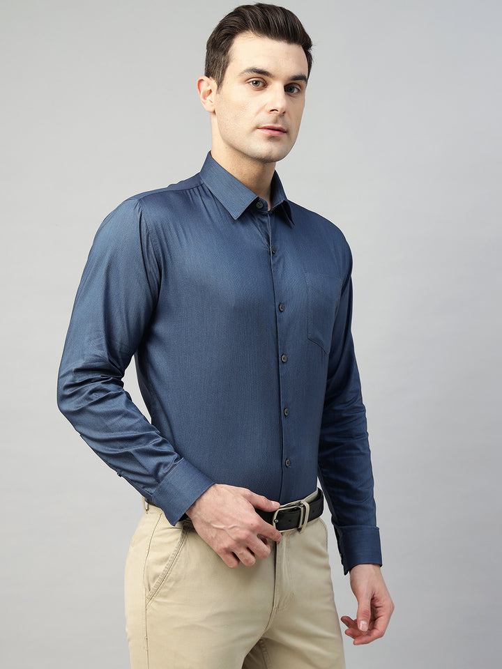 Hancock Men Navy Blue Solid Cotton Elastene Slim Fit Formal Shirt