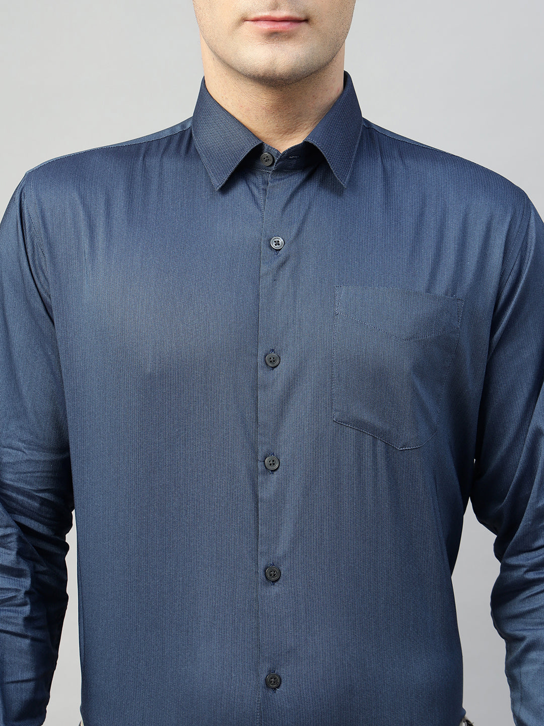 Hancock Men Navy Blue Solid Cotton Elastene Slim Fit Formal Shirt