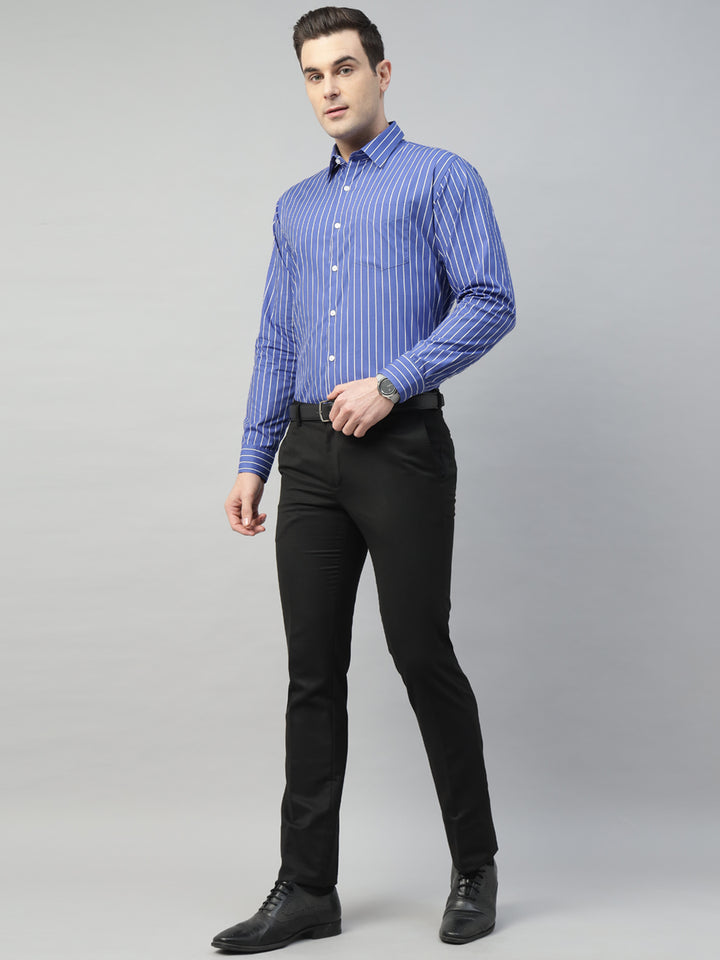 Hancock Men Blue & White Stripe Pure Cotton Slim Fit Formal Shirt