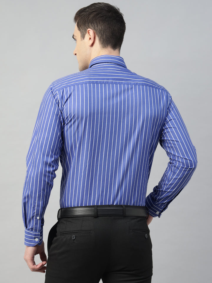 Hancock Men Blue & White Stripe Pure Cotton Slim Fit Formal Shirt