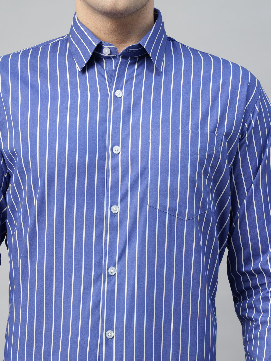 Hancock Men Blue & White Stripe Pure Cotton Slim Fit Formal Shirt