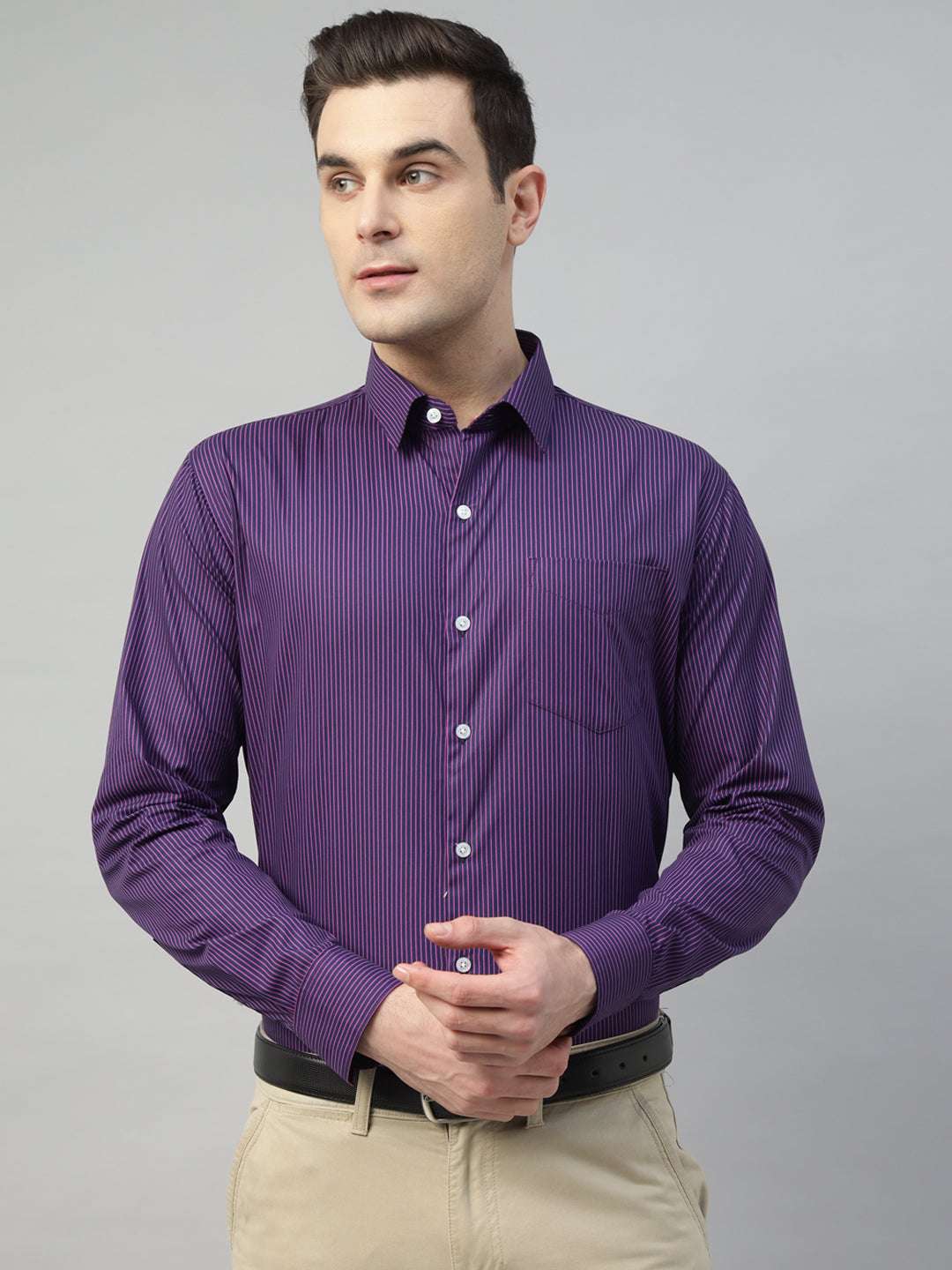 Hancock Men Navy Blue Stripe Pure Cotton Slim Fit Formal Shirt