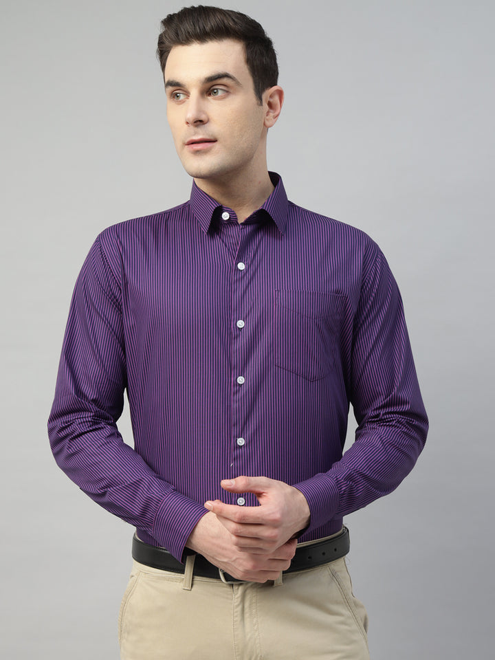 Hancock Men Navy Blue Stripe Pure Cotton Slim Fit Formal Shirt