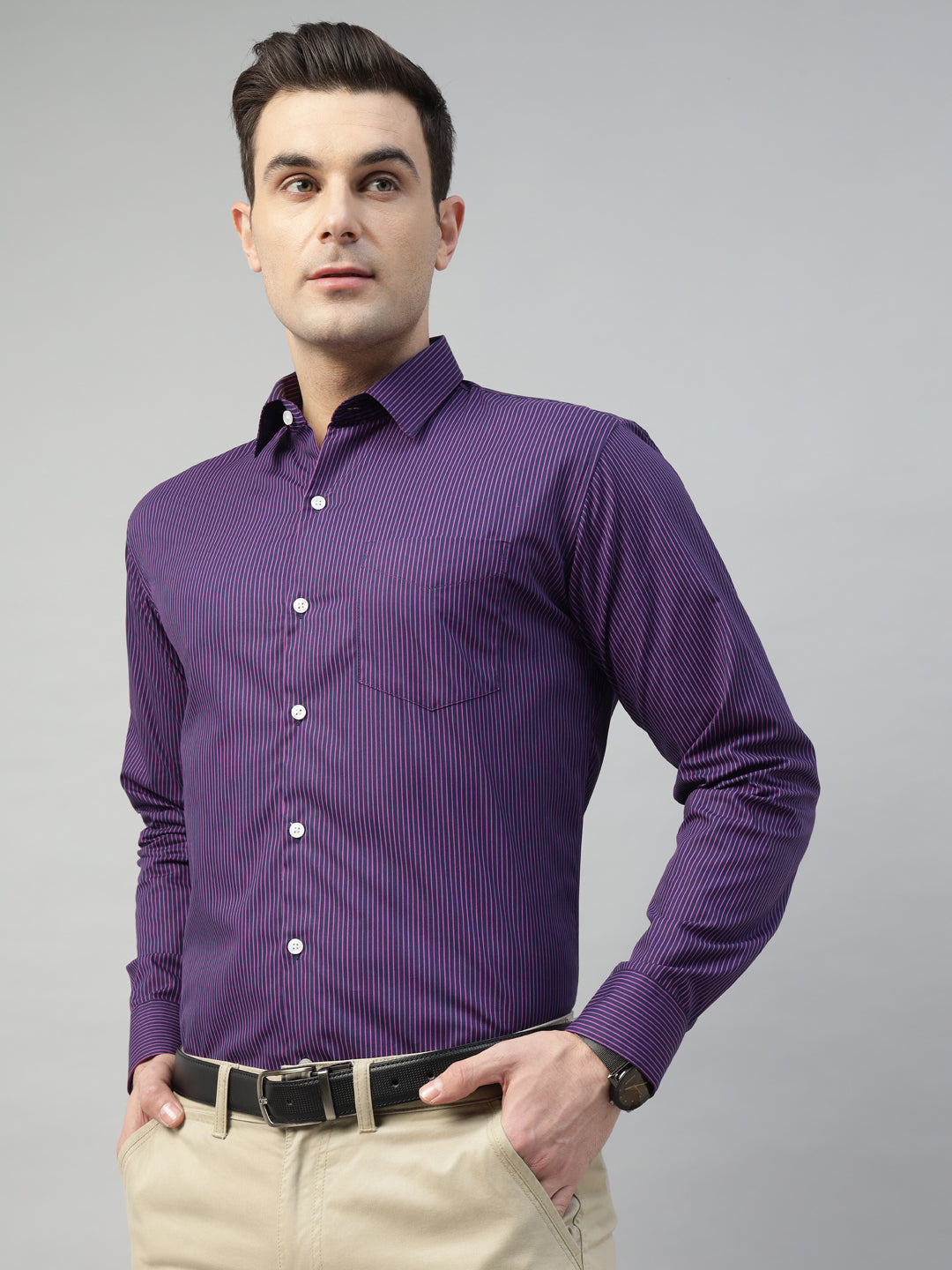 Hancock Men Navy Blue Stripe Pure Cotton Slim Fit Formal Shirt