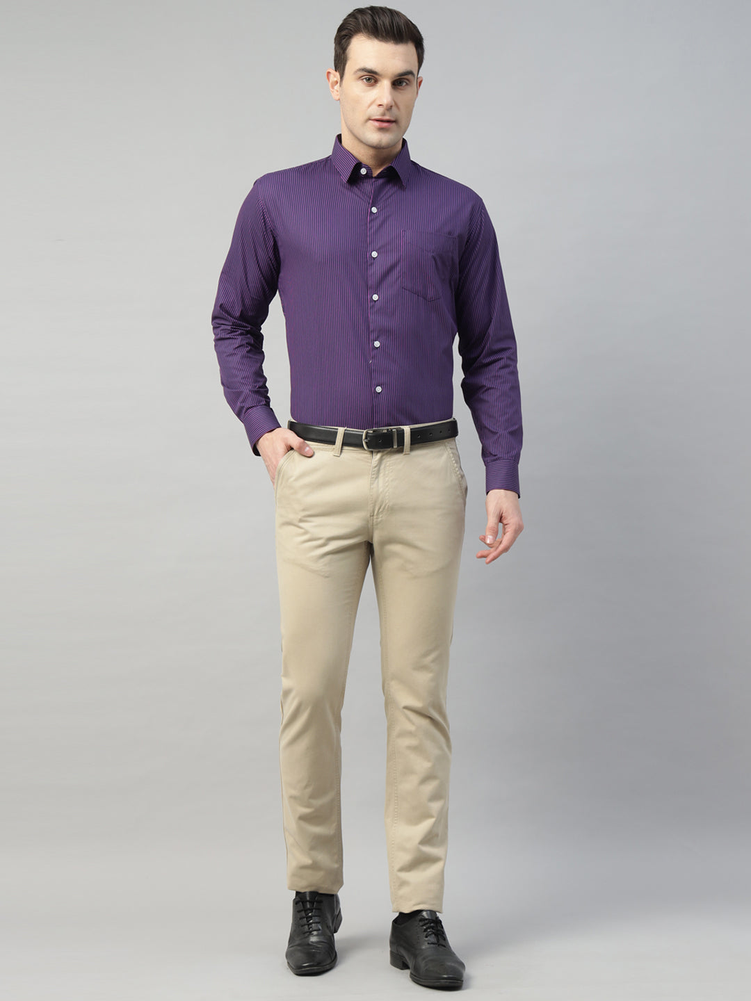 Hancock Men Navy Blue Stripe Pure Cotton Slim Fit Formal Shirt