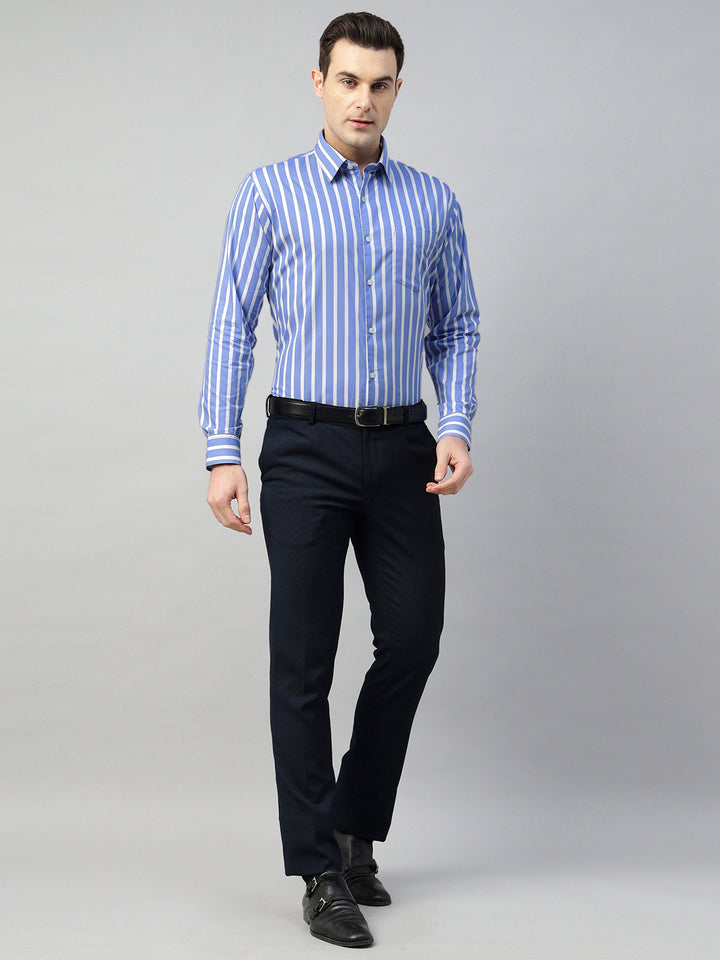 Hancock Men Blue & White Stripe Pure Cotton Slim Fit Formal Shirt