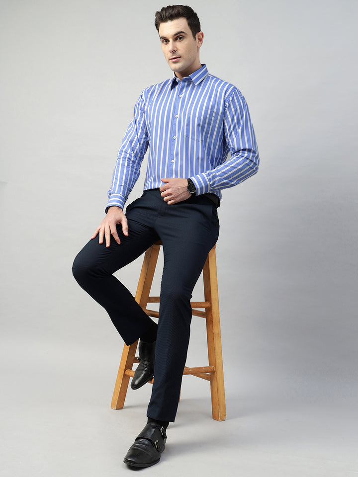 Hancock Men Blue & White Stripe Pure Cotton Slim Fit Formal Shirt