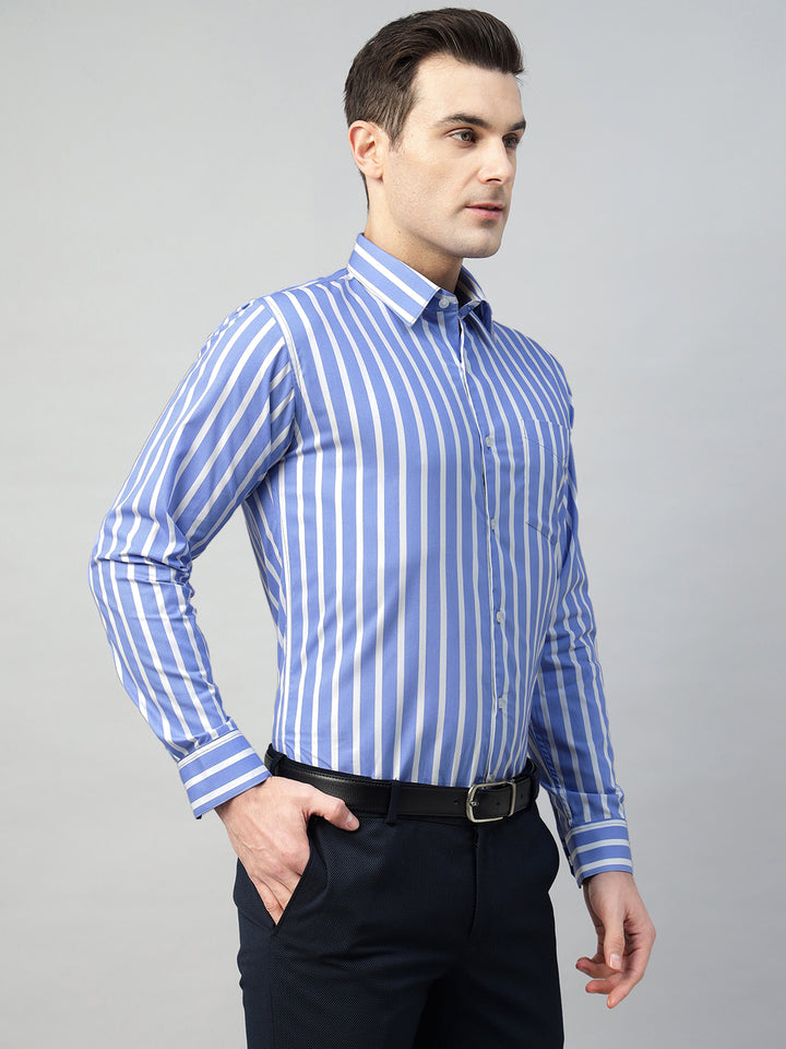 Hancock Men Blue & White Stripe Pure Cotton Slim Fit Formal Shirt