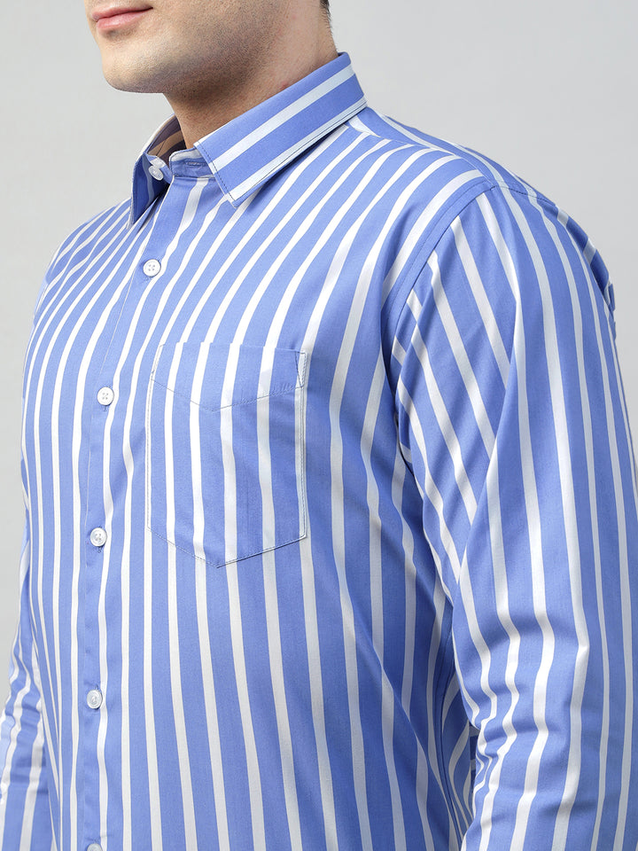 Hancock Men Blue & White Stripe Pure Cotton Slim Fit Formal Shirt